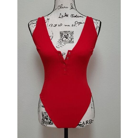 ❤️ FREE PEOPLE Larissa Tank V-Neck Thong Snap Button Red Bodysuit SIZE S - Picture 7 of 16